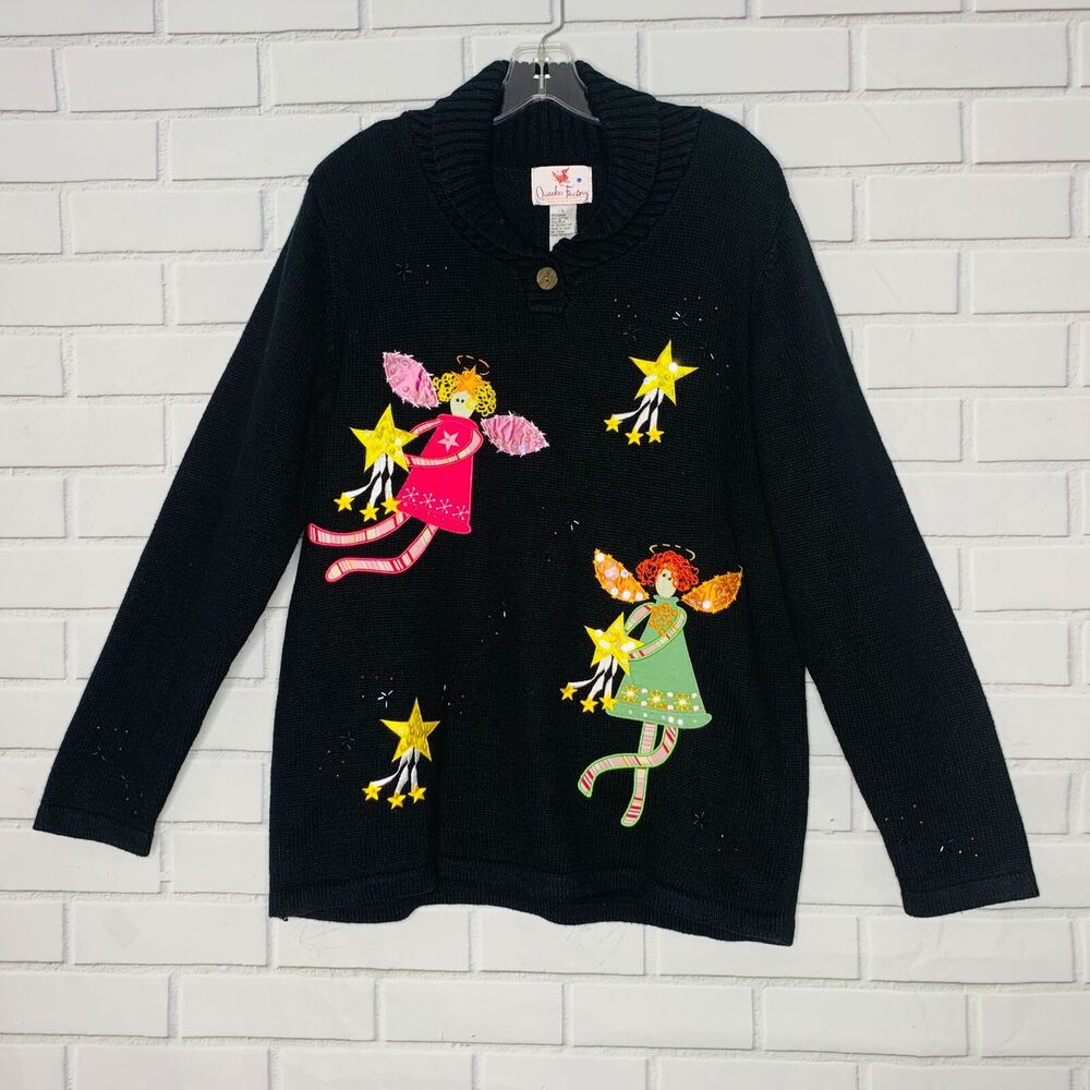 NWT Quacker Factory sweater Christmas angels black embellished size large women